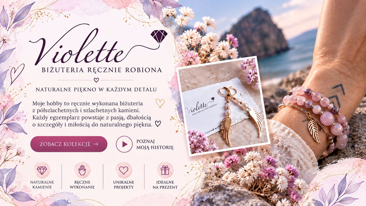 Violette handmade cosmetics website showing floral design with products, purple flowers, and coastal scenery background